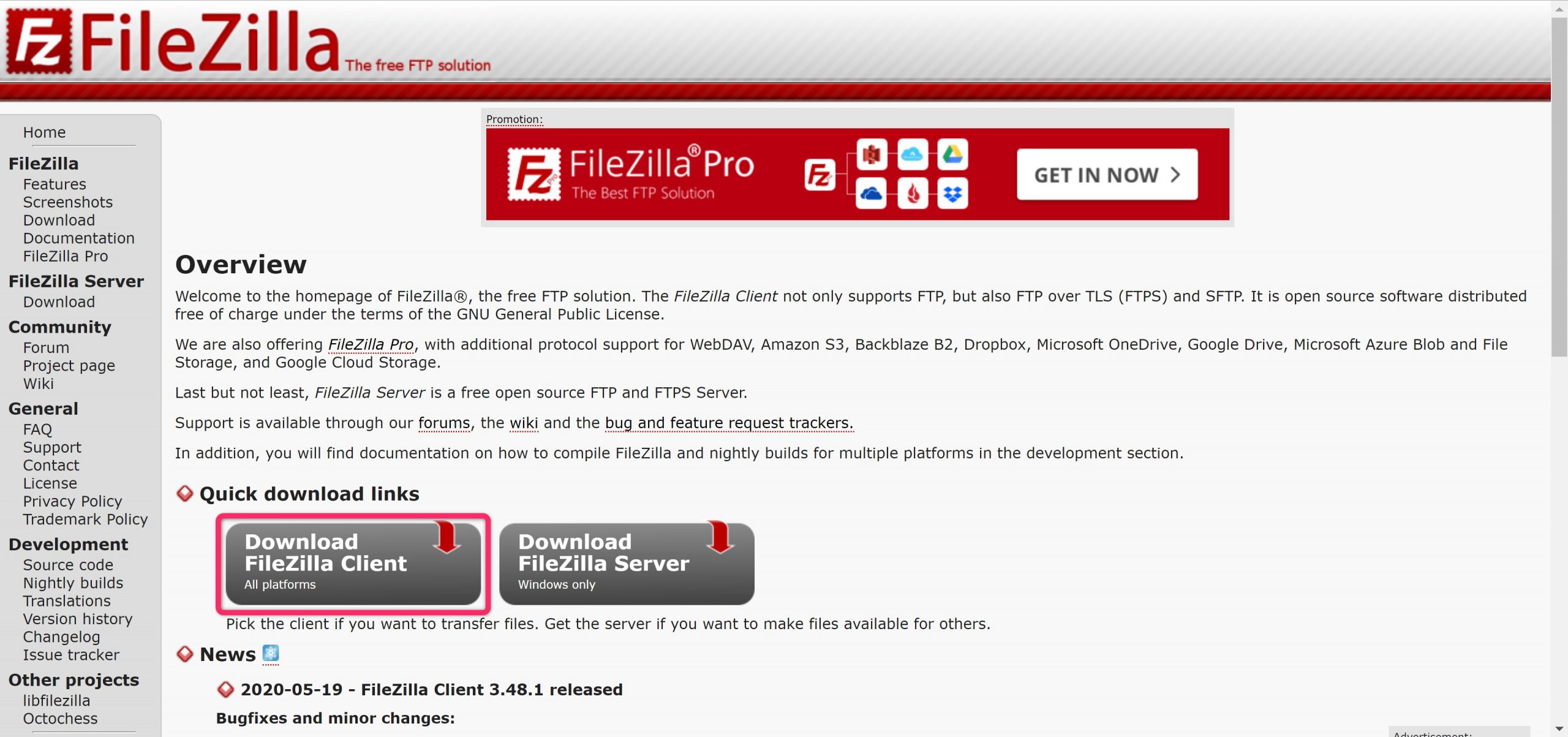 FileZillaダウンロードページ